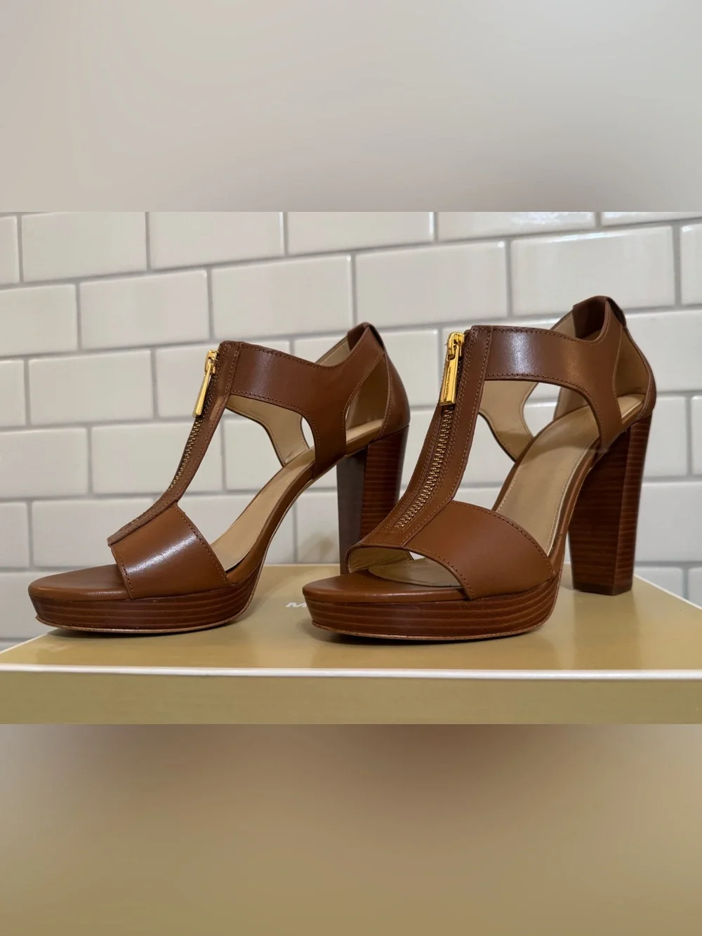 Michael Kors Brown Leather T-Zip Platform Sandal Heels